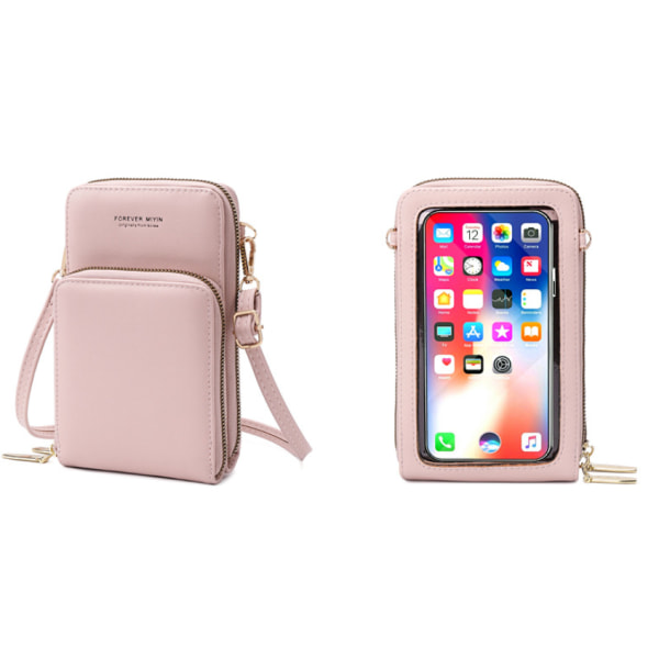 /#/(Pink) Crossbody Taske til Mobiltelefon Kvinder Touch Screen Taske PU Læder Clutch Pung Dame Kort Indehaver med Skulderrem og Håndledsrem</N>/#/