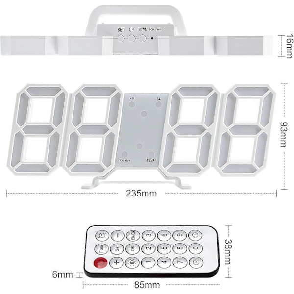 3D LED Digital Väggklocka Ljusande Väckarklocka Ljudlös Snooze-funktion Justerbar Ljusstyrka 12/24 Timmar Datum/Temperaturvisning Kontor Kök Vardagsrum