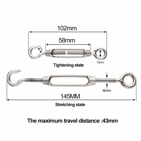 6 stk. Wire Tensioner M4 Rustfritt Stål Justerbar Turnbuckle Haken