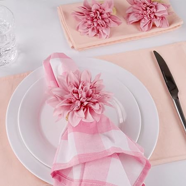 Håndlagde blomster serviettringer sett med 6, falsk rosa Dahlia serviettring