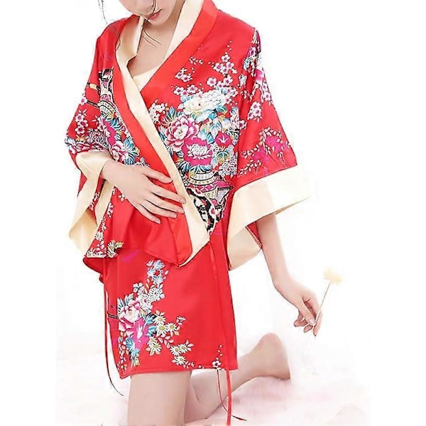 Sexet kimono-lingeri til kvinder, pink blomstermønster, mini-kimonokjole, natkjole, badekåbe, kort yukata med obi-bælte