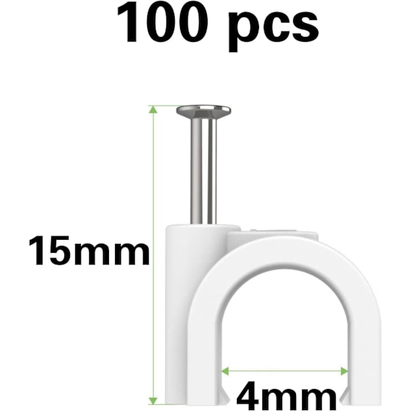 Kabelklips, 100 stk, hvit (4 mm), veggfester, kabelbindere, m