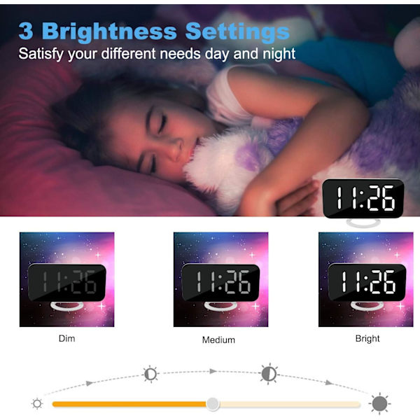 Digital vækkeur, 6,5\" stor LED-skærm spejl vækkeur wi