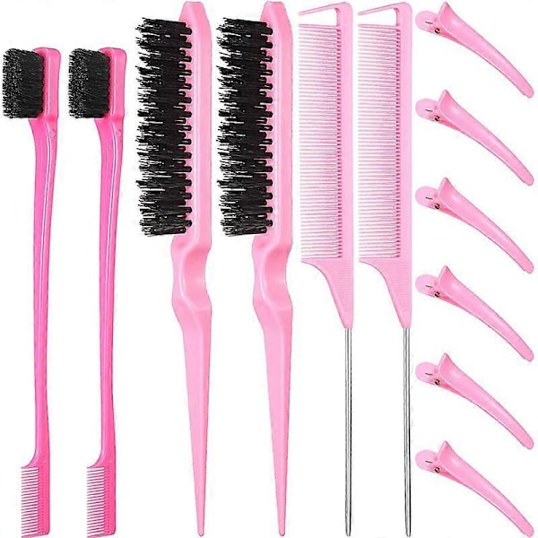 12 Deler Hårstyling Kam Hårbørste Sett, Nylon Tuperingsbørste Rottehale Kam med Nebbklemmer, Dobbeltsidig Kantbørste for Kant og Bakbørsting