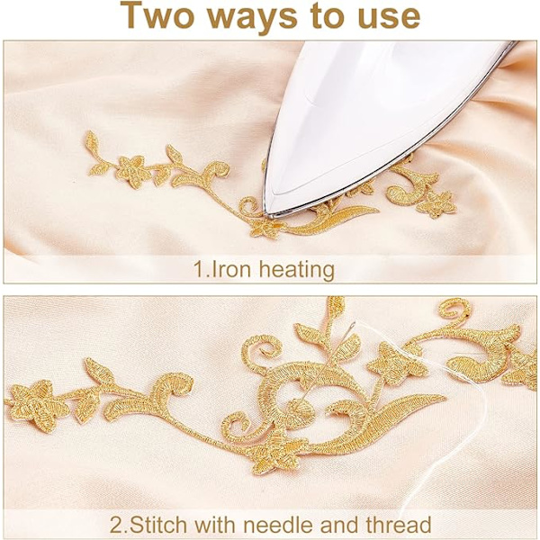 2 stk. Broderet Blondering Blomst Patches, Stryge-på Sy-på Patches Guld