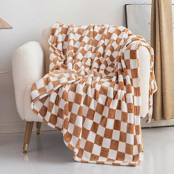 Blødt og Hyggeligt Flanel Plaid Tæppe med Ternet Gitterprint og Gingham Mønster til Seng, Sofa, Alle Årstider (Khaki, 70*100cm)