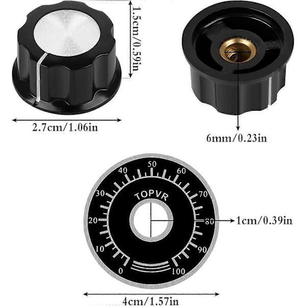 5 stk. 6 mm/27 mm Potentiometerknap Potentiometer Riflet Knapper Lydstyrkekontrol Drejehætte med Digital Skala Plade MF-A03