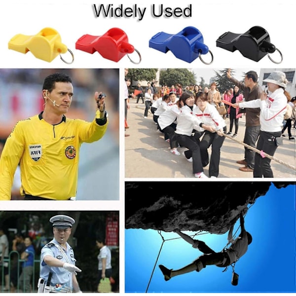 Visselpipa med snodd, set om 4, visselpipa i plast, sportvisselpipa, svart, röd, gul, blå