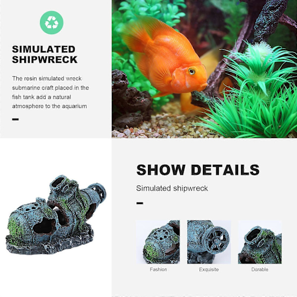 1 stk. Akvarium Simulation Skibsvrag Dekor Ubådsvrag Ubåd Fiskehusly