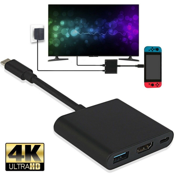 (Sort) 4K 1080 HDMI Adapter til Switch, 3-i-1 USB 3.0 PD Multi