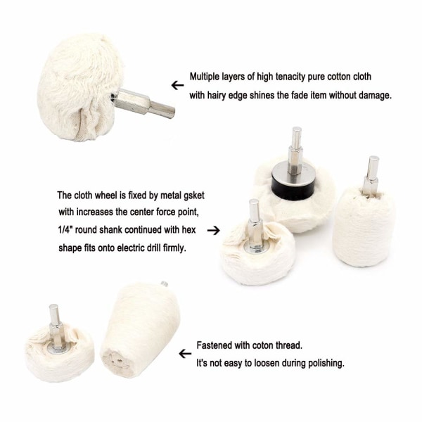 Yuhtech Poleringshjul for Drill, 7 stk 6mm Skaft Bomulls Polering