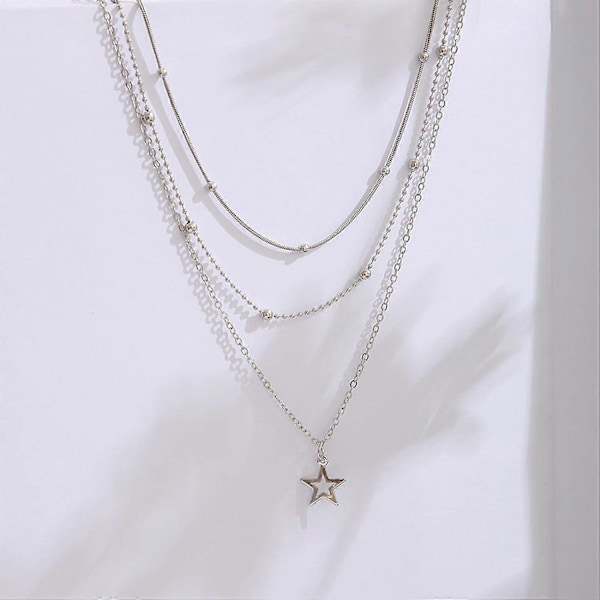 Boho Lagerhalsband med Stjärna Choker Kedja Silver Stjärnhänge Halsband