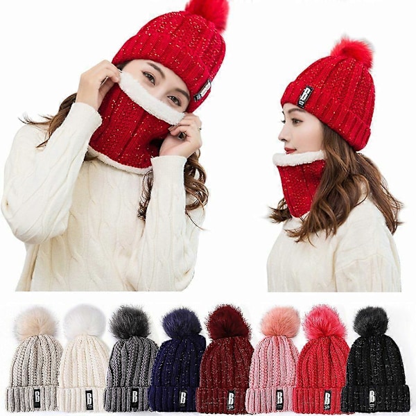 Dam Mössa Hatt Pom Pom Toffs Halsduk Set Stickad Vinter Varm Snö Sk