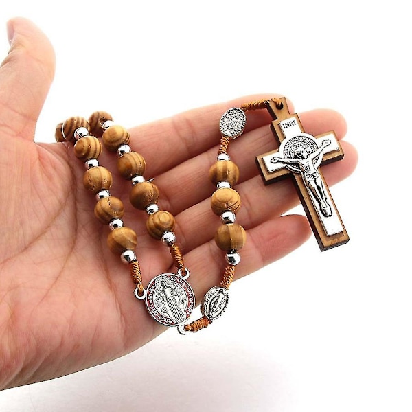 Religion Rosenkrans Bön Halsband För Män Kvinnor Träpärlor Jesus Cross Smycken