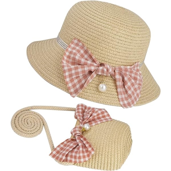 Girls Straw Hats and Small Bag Set with Bowknot Decoration Child