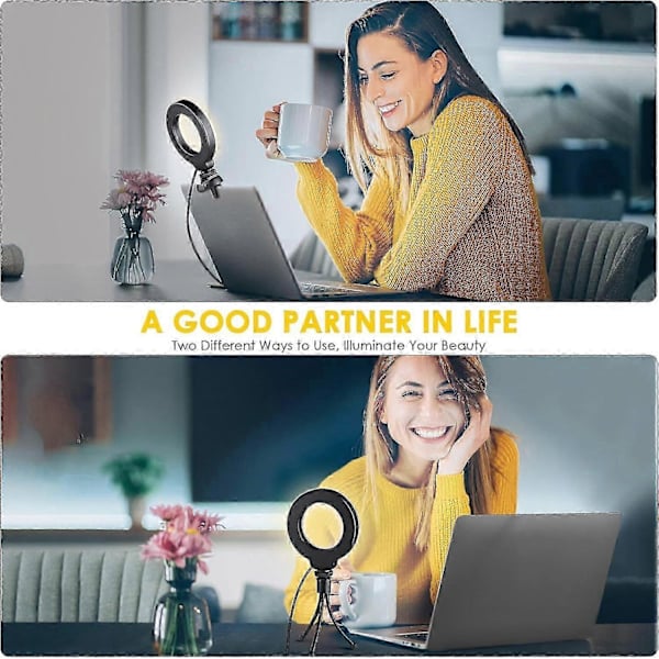 4\" Ring Light för Laptop med Stativ, Konferensbelysningskit, 3 Ljuslägen Dimbar LED Ringlampa för Mee
