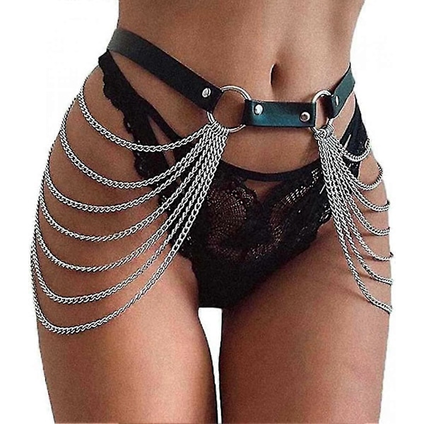 Svart midjekedja bälte läder lager magkedjor kroppssmycken accessoarer för kvinnor och flickor
