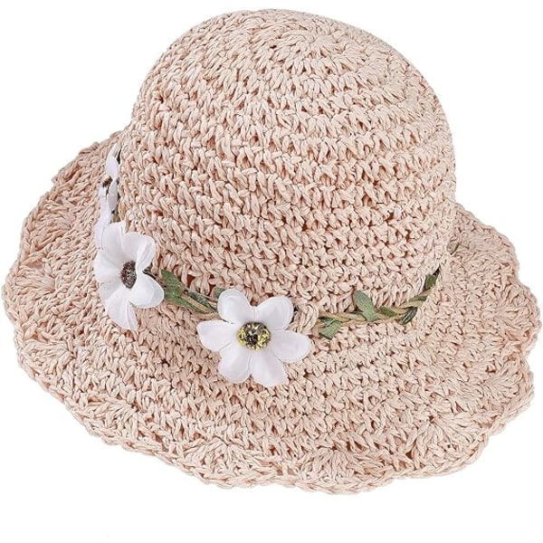 Straw Hats Girls Foldable Sun Cap（Powder） with Flower Decoration