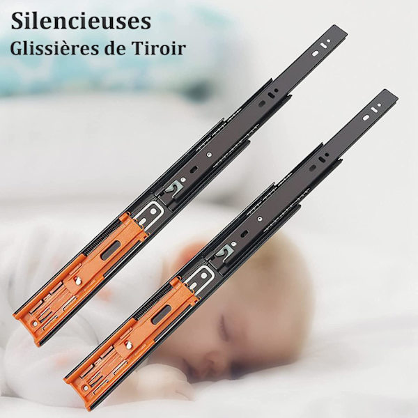 Sett med 1 Skuffeskinne 250mm, Kulelager Skuffeskinner Myk og