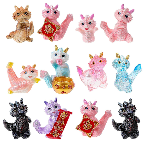 12 stk. Dragens år Tegneserie Zodiak Drage Figur Resin DIY Mini Drage Dekor (Blandet stil)