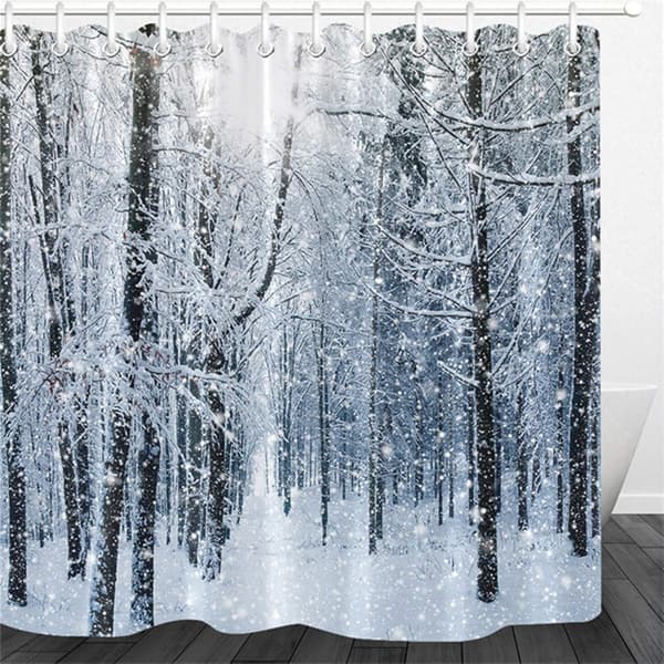 *Snöskog Duschdraperier 180X180CM Vit Snöflinga Vinter Trä*