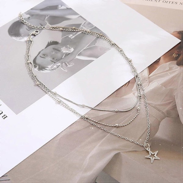 Boho Lagerhalsband med Stjärna Choker Kedja Silver Stjärnhänge Halsband