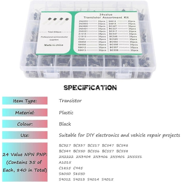 NPN PNP Transistorivalikoima, 840 kpl dioditransistorisetti, transistorivalikoima DIY-sarja, 24 arvoa TO-92