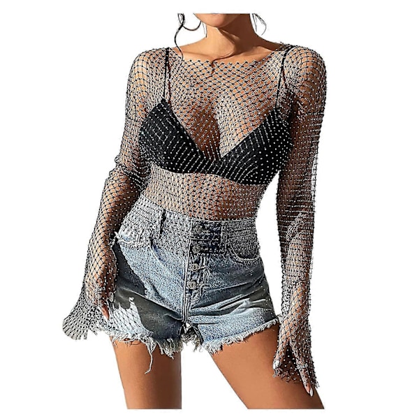 Strass Mesh Kroppskedjor Långärmad, Kristall Genomskinlig Cover Up Strass Topp Fisknät Bikini Kroppssmycken För Kvinnor