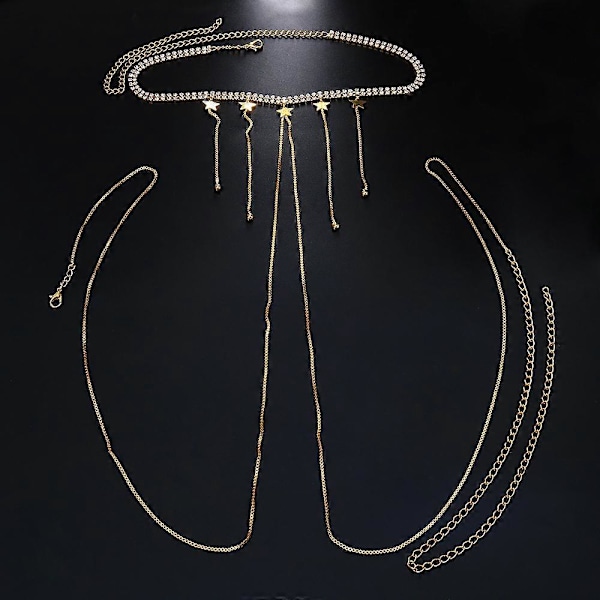 Strass Kroppskedja Guldstjärnor Halsband Kristall Tofs BH Biki
