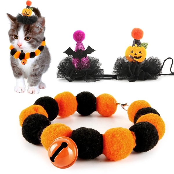 Söt husdjurspumpa/fladdermusformad katthatt med pompoms halsband för halloweenfest