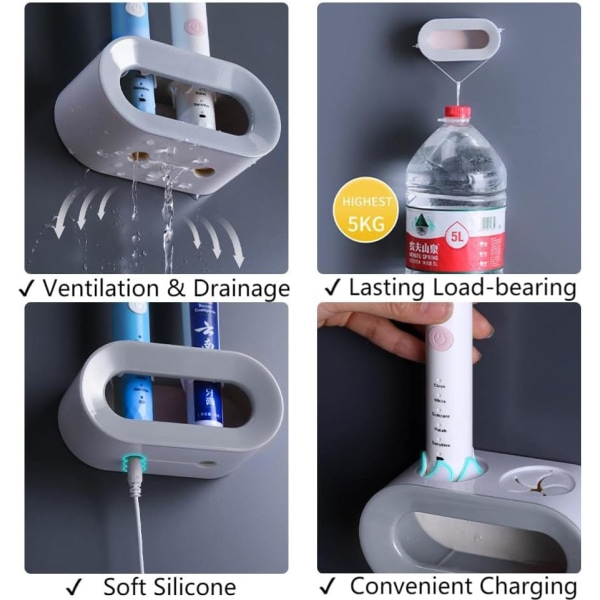 Sæt med 2 Elektriske Tandbørsteholdere (Sort + Grå), Afdryppende Væ