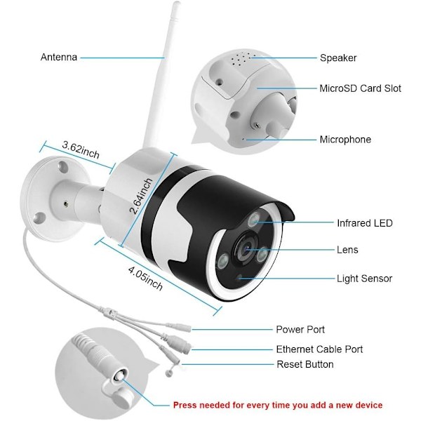 *1080P FHD WiFi utendørs overvåkingskamera, IP66 støvtett, IP-kamera med nattsyn (hvit)*