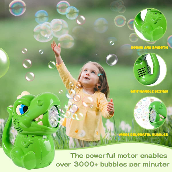 Bubbelmaskin - Automatisk Dinosaurie Bubbelmaskin för Barn, Bärbar Bubbelblåsare Leksaker 3000+ med Bubbelvätska, Bästa Presenten för Utomhus