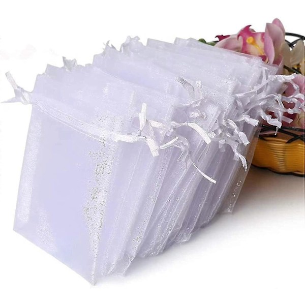 100 stk. Premium Sheer Organza Poser, Hvide Bryllupsgaveposer Med Snøre, 4x4,72 Smykke Gaveposer Til