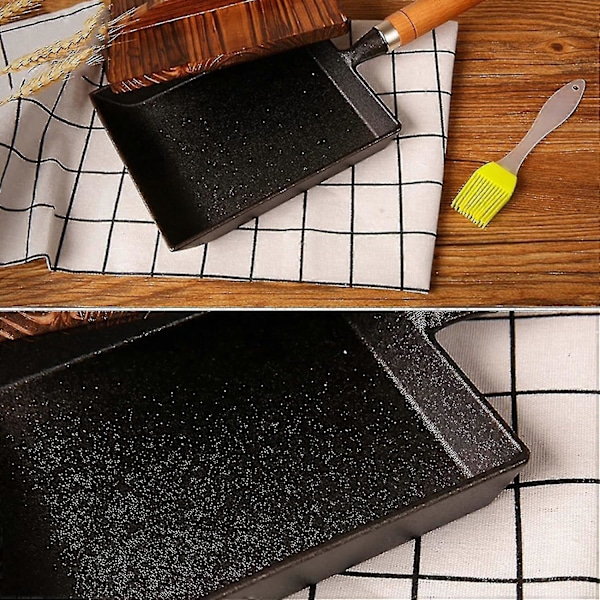 Mini Tamagoyaki-pande i støbejern - Ubelagt rektangulær japansk omeletpande med trælåg - Sort