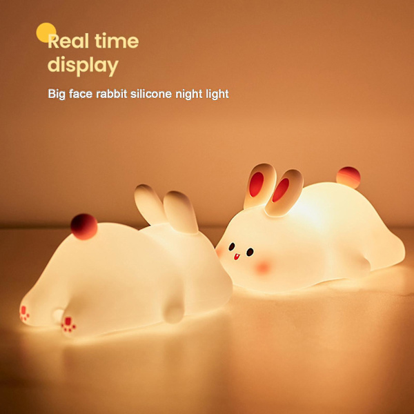 Natlampe Silikone Stort Ansigt Kanin Tap USB Genopladelig med Dæmpbar Timer Blød Øjenbeskyttende LED Natlampe
