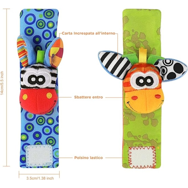 /#/Set med 4 baby handleds- och sockleksaker (ränder), handledsklocka med råtta/#/
