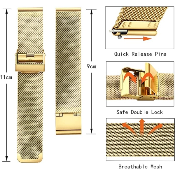 Mesh-rem for klokke i rustfritt stål, 18 mm, hurtigutløsning, for menn og kvinner