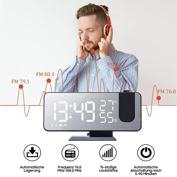 #Radioväckarklocka med projektion, automatisk dimmer, temperatur & luftfuktighet#