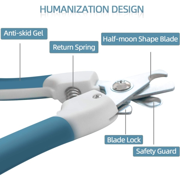 Siniset lemmikkieläinten kynsileikkurit turvakaarella, joka estää liian lyhyen leikkaamisen
