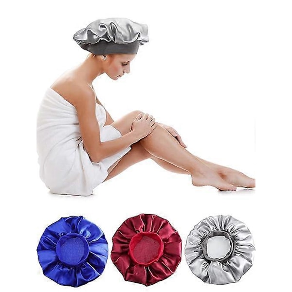 3 kpl Satin Bonnet -yömyssy, pehmeät hiusturbaanit naisille ja tytöille (hopea, viininpunainen, kuninkaallinen sininen)