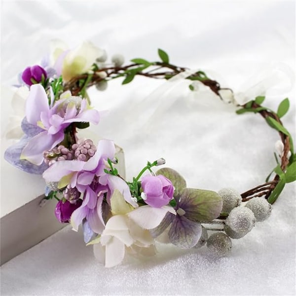 Bohemian Style Wreath Hovedbeklædning Purple Flower Garland til Weddin