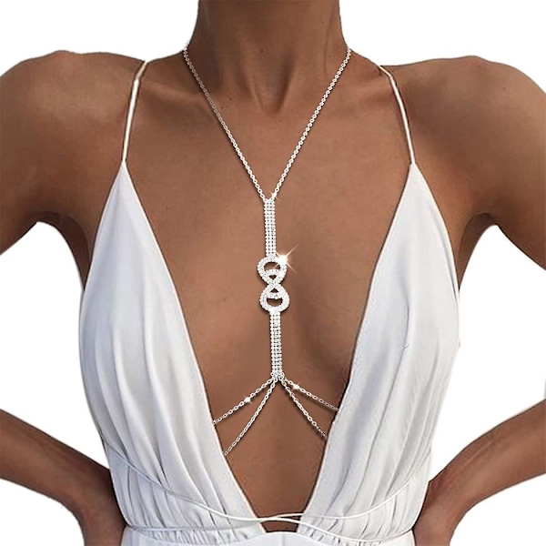 Glittrande Strass BH-kedja Silver Kristall Bröstkedjor Sexig Nattklubb Strandfest Rave Kroppskedja för Kvinnor och Flickor