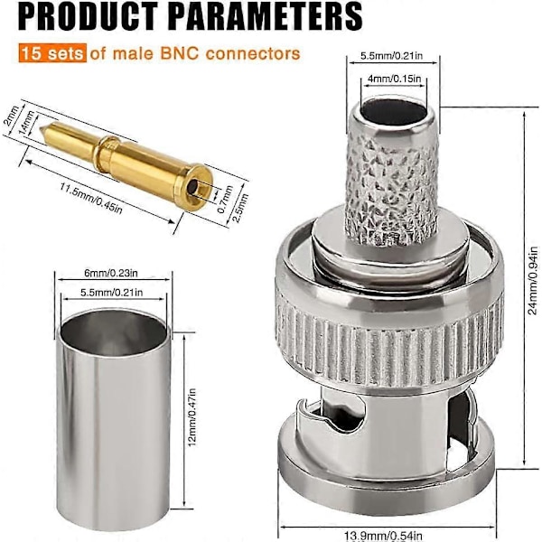 15 stycken BNC crimpkontakter för RG59 RG8 koaxialkabel, BNC hane adapter för CCTV-kamera, BNC crimpkontakt, inklusive kontakt, stift, hylsa