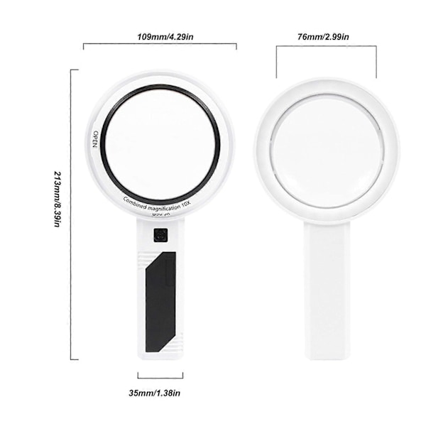 LED Håndholdt Forstørrelsesglass 3X 5X 10X 3 Lysfarger Oppladbar Håndholdt Leseforstørrer