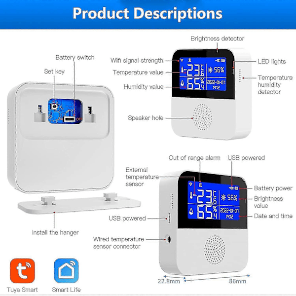 Wifi Hygrometer Termometer Sensor Med Extern Sond, Trådlös Digital Temperatur- och Fuktighetsmätare Realtidssynkronisering, Med Bakgrundsbelyst LCD, Summer