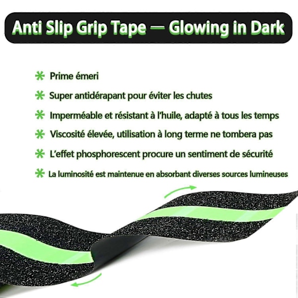 Halkskyddstejp för trappor med självlysande film Glow in the Dark, 5cm x 5m, Fosforescerande halkskyddstejp för trappor inomhus och utomhus