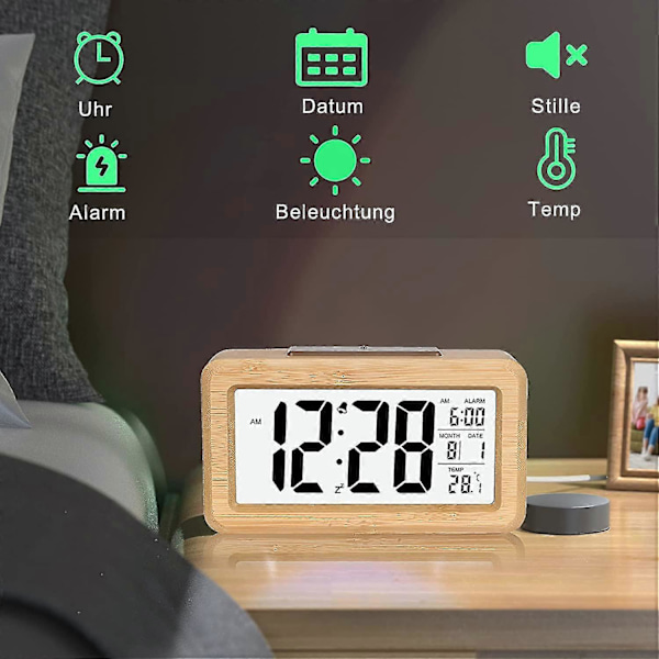 Väckarklocka, enkel inställning, digital väckarklocka i bambu med temperatur, datum, bakgrundsbelysning, snooze, för sovrum, säng, hem, kontor, utan