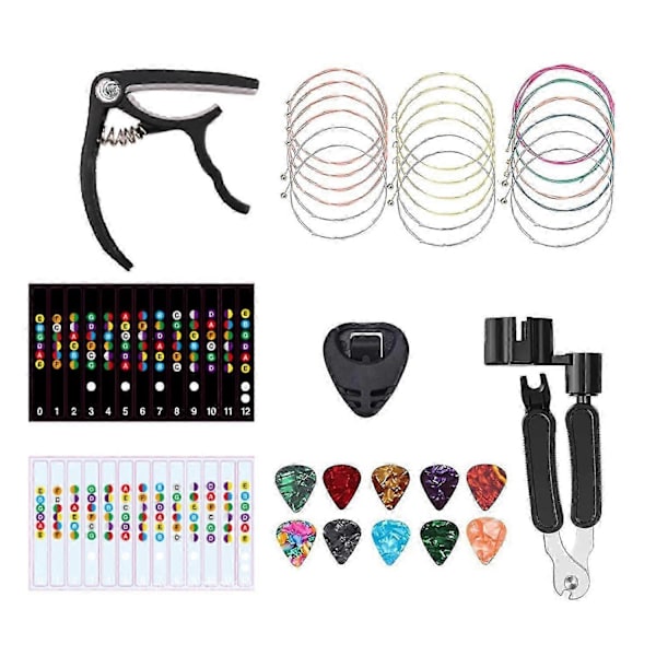 18PCS Gitarrsträngar Kit, Akustisk Gitarr Byte Verktyg, Akustiska Strängar, Gitarrplektrum, Capo, Skala Sti