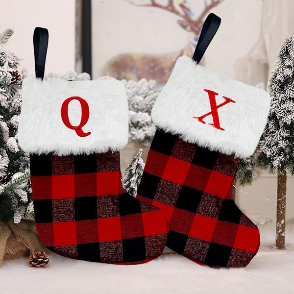 Julstrumpor Hänge Brev Broderade Vintage Röd Och Svart Rutnät Mönster Julstrumpa För Heminredning KaesiN
